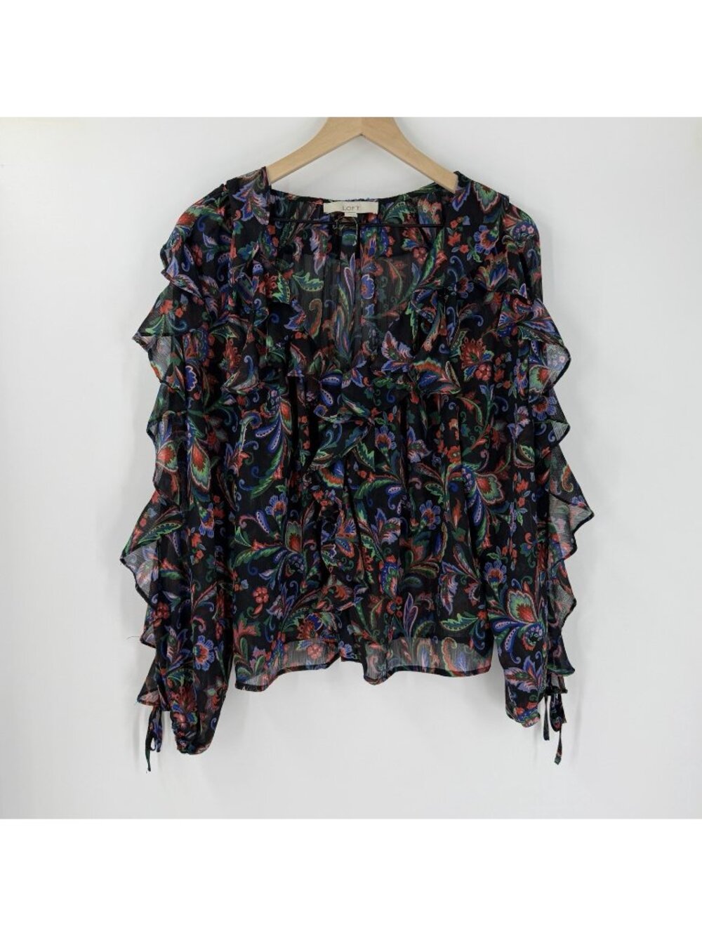 LOFT Black Floral Chiffon Ruffle Blouse Long Sleeve Large